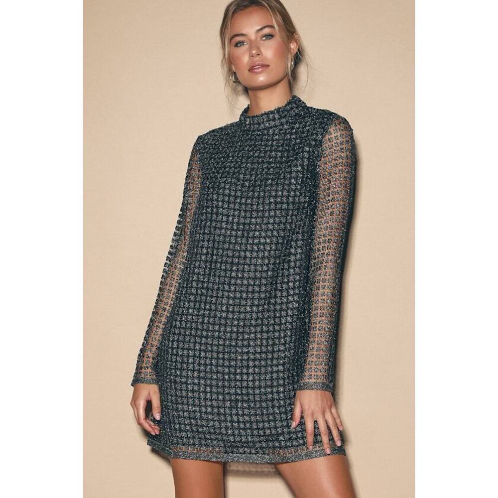Lulus Set Me Free Silver And Black Metallic Lace Long Sleeve Dress - Size S